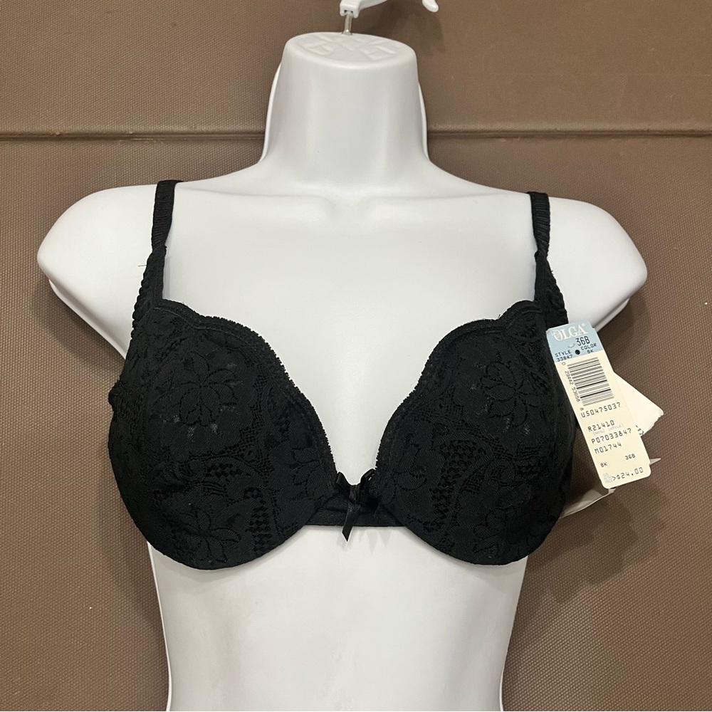 Olga Bra Petite Lightly Lined Underwire Black Lace USA 36B NOS Vintage 33847 NWT